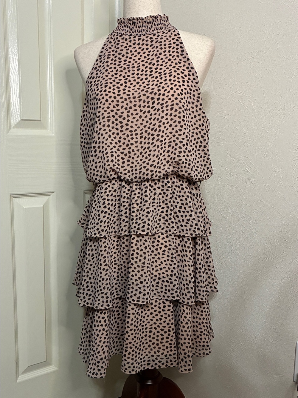SHE + SKY dress size Large High Smock neck line Tiered ruffle skirt animal print